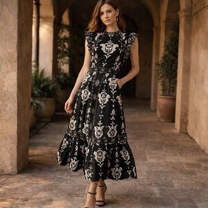 Lane Bryant Black Ivory Brocade Midi Dress 14 NWT Elegant Romantic Wedding Guest